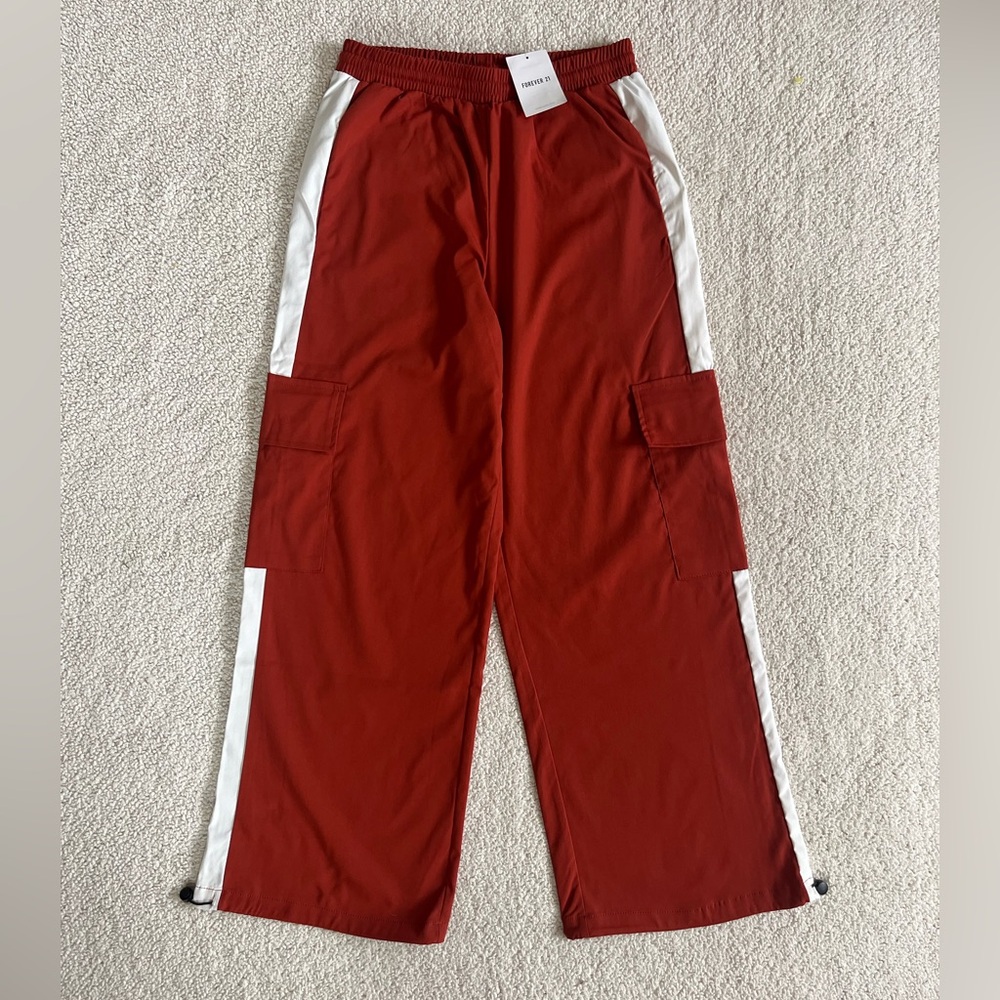 Forever 21 womens orange Joggers cargo with White Accents streetwear